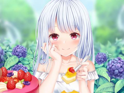 Girl Glance Dessert Berries Anime