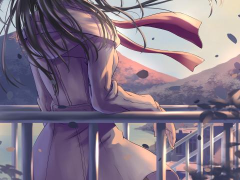 Girl Glance Embankment Anime