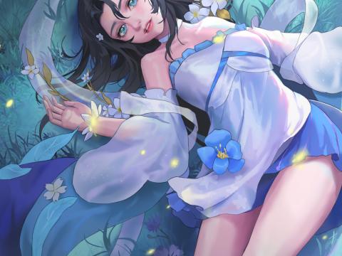 Girl Glance Field Flowers Anime Art