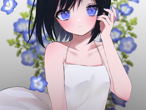 Girl Glance Flowers Dress Anime