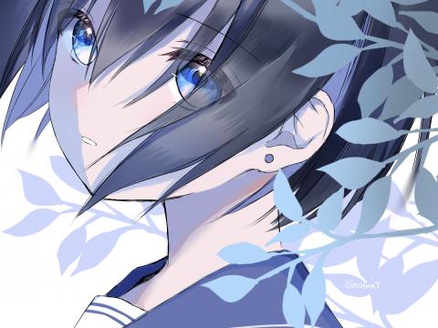 Girl Glance Leaves Anime Art Blue