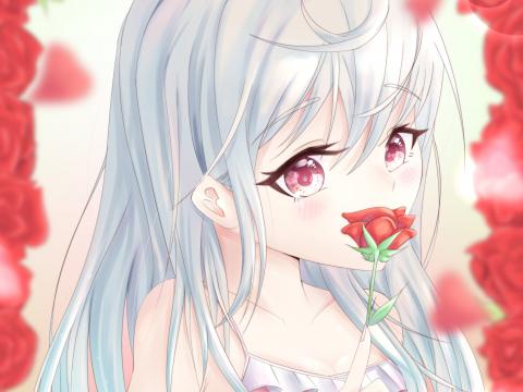 Girl Glance Roses Flowers Anime