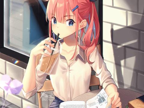 Girl Glass Drink Book Reading Anime