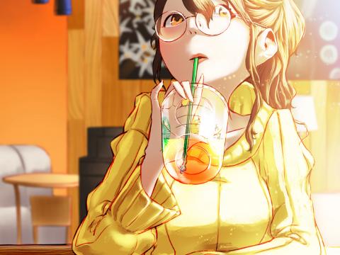 Girl Glasses Drink Glass Cafe Anime