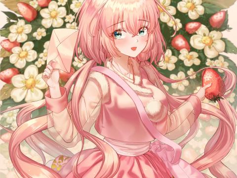 Girl Hare Ears Strawberry Anime Art Pink