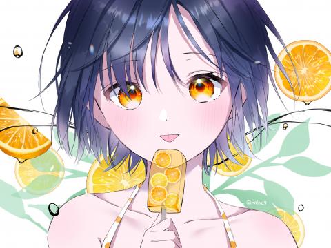 Girl Ice-cream Oranges Anime Art