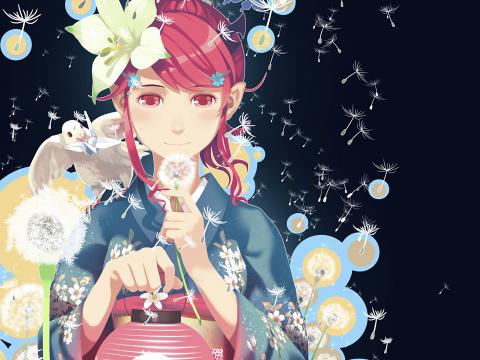 Girl Kimono Dandelions Pigeon Anime