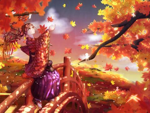 Girl Kimono Maple-leaves Autumn Anime