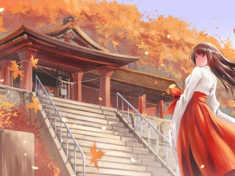 Girl Kimono Pagoda Autumn Anime Art