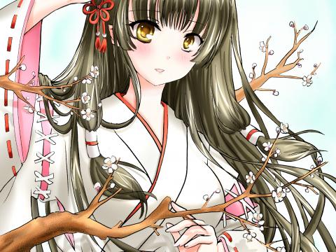Girl Kimono Sakura Branches Anime Art