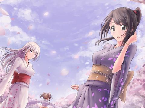 Girl Kimono Sakura Petals Anime Art