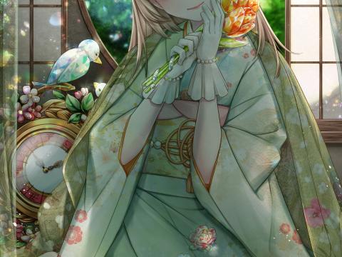 Girl Kimono Tulips Bouquet Anime Art Cartoon