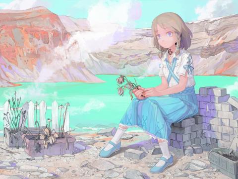 Girl Mountains Lake Anime Art Cartoon