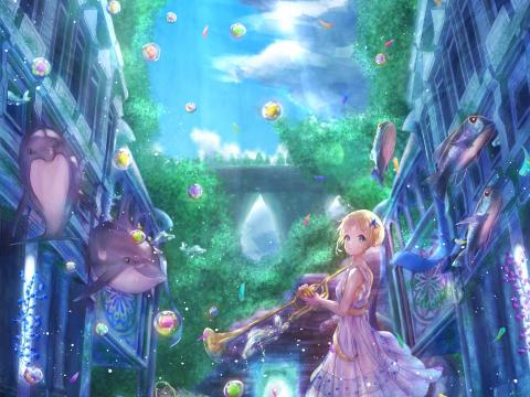 Girl Musical-instrument Underwater-world Anime Art