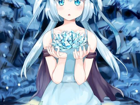 Girl Neko Flower Anime Art Blue