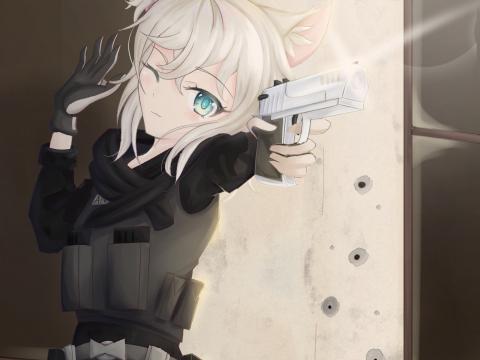 Girl Neko Soldier Gun Shot Anime
