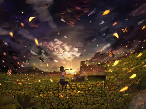 Girl Piano Field Flowers Anime Art