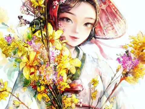 Girl Queen Crown Flowers Anime Art