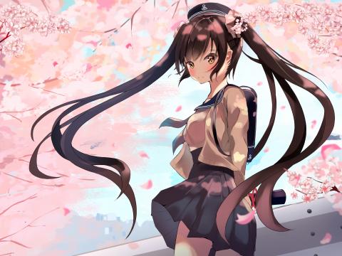 Girl Sakura Flowers Hair Anime Art