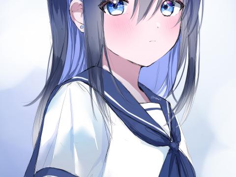 Girl Schoolgirl Glance Anime Art Blue