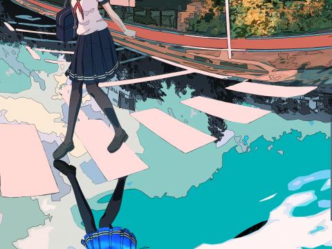 Girl Schoolgirl Road Reflection Anime Art