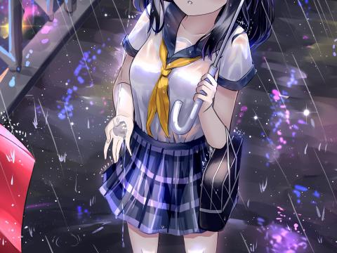 Girl Schoolgirl Umbrella Rain Anime
