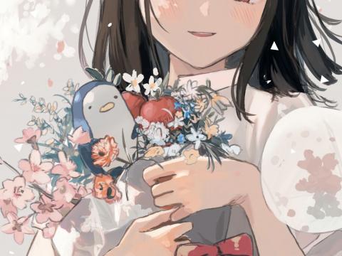 Girl Smile Bouquet Anime Art