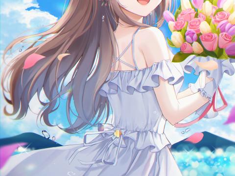 Girl Smile Bouquet Flowers Anime Art Cartoon