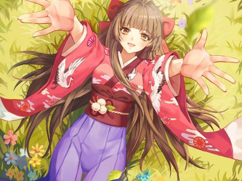 Girl Smile Kimono Field Flowers Anime