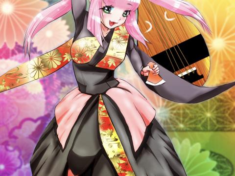 Girl Smile Kimono Musical-instrument Anime