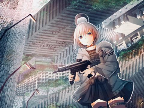 Girl Submachine-gun Weapon Anime Art