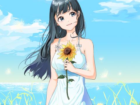 Girl Sunflower Flower Anime Art