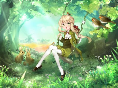 Girl Swing Forest Anime Art