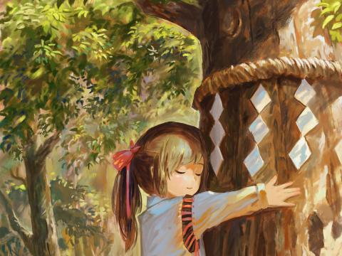 Girl Tree Hugs Nature Anime Art