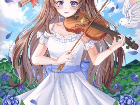 Girl Violin Birds Anime Art