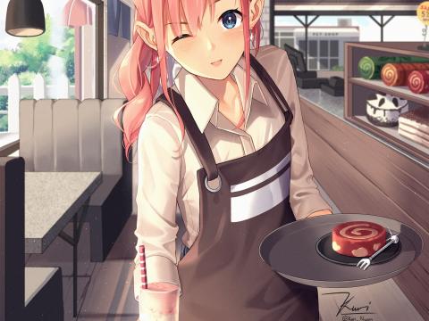 Girl Waiter Smile Anime Art