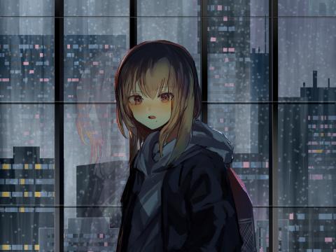 Girl Window Buildings City View Anime