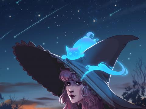 Girl Witch Hat Cat Ghost Art