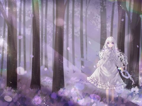 Girl Wreath Dress Forest Anime Art Purple