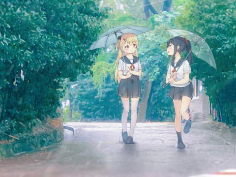 Girls Friends Umbrellas Anime Art
