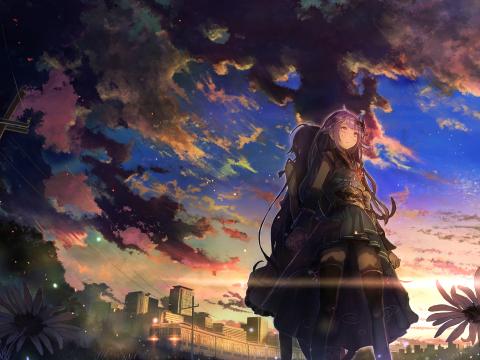 Girls Touch Sky Clouds Sunset Anime