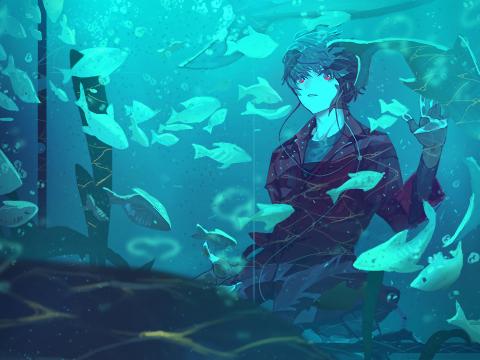 Guy Fish Aquarium Anime Art Blue