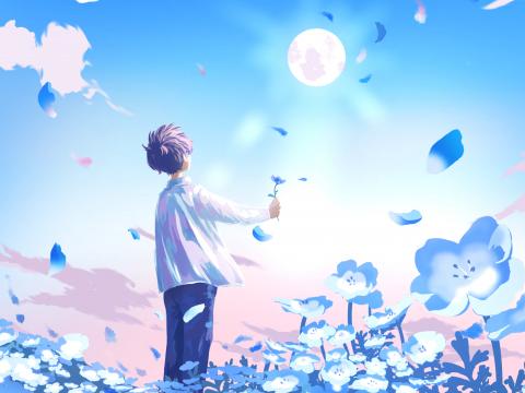 Guy Flowers Field Anime Art Blue
