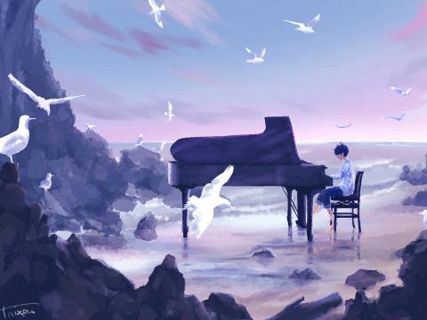 Guy Musician Piano Birds Anime Art