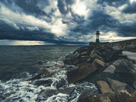 Lighthouse Sea Coast Stones Clouds