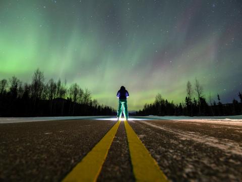 Man Alone Backlight Road Northern-lights
