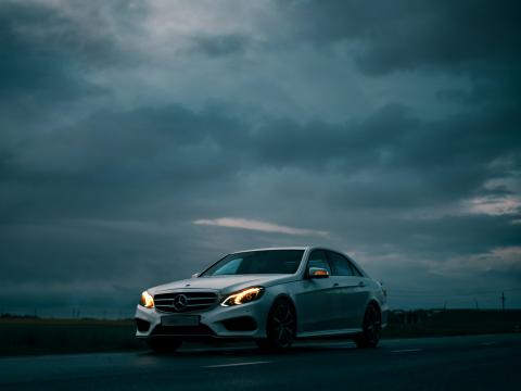 Mercedes Car White Road Dusk