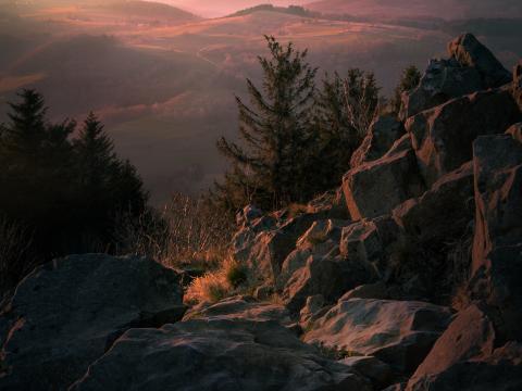 Mountains Rocks Sunset Fog Landscape