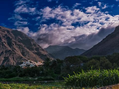 Mountains Trees Houses Landscape Nature