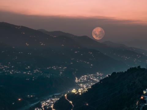 Mountains Valley City Lights Moon Fog Night